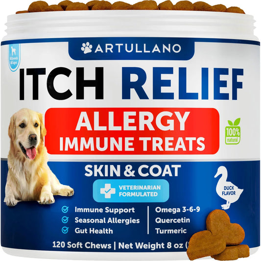 Vet-Formulated Dog Allergy Relief Chews with Omega-3 Fish Oil - Anti-Itch Skin & Coat Support Seasonal Allergies, Hot Spots & Immune Health 120 Soft Treats for Canine Itching Relief