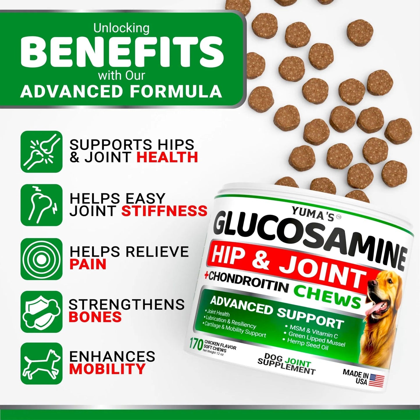Advanced Hip & Joint Supplement for Dogs - Glucosamine Chondroitin MSM Chews 170 Ct Joint Pain Relief Treats - All-Breed Joint Health Support Delicious Soft Chews for Arthritis, Mobility & Daily Care