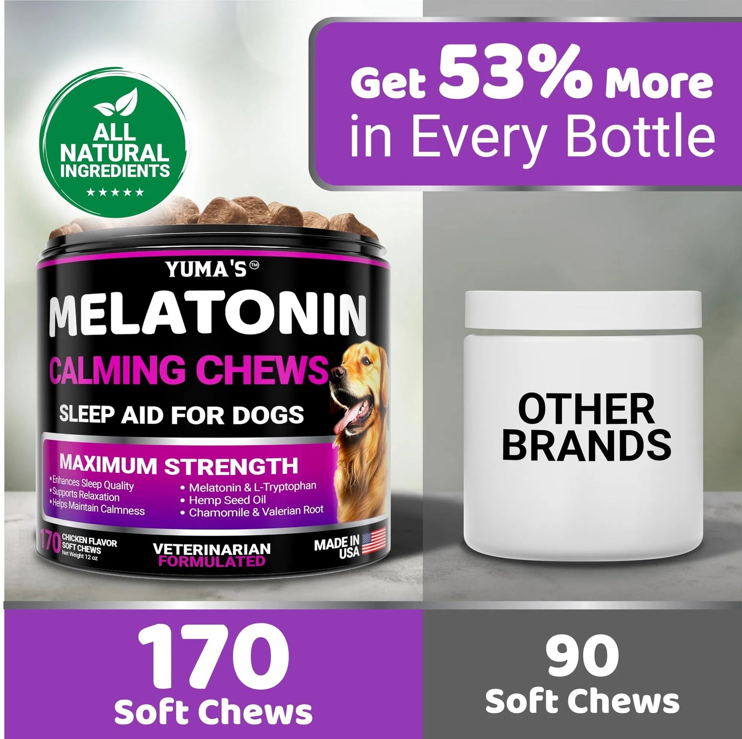 Melatonin Calming Chews for Dogs - 170 Stress Relief Treats Anxiety Relief for Separation, Thunderstorms & Travel Natural Calming Aid - Delicious Soft Chews for Canine Anxiety