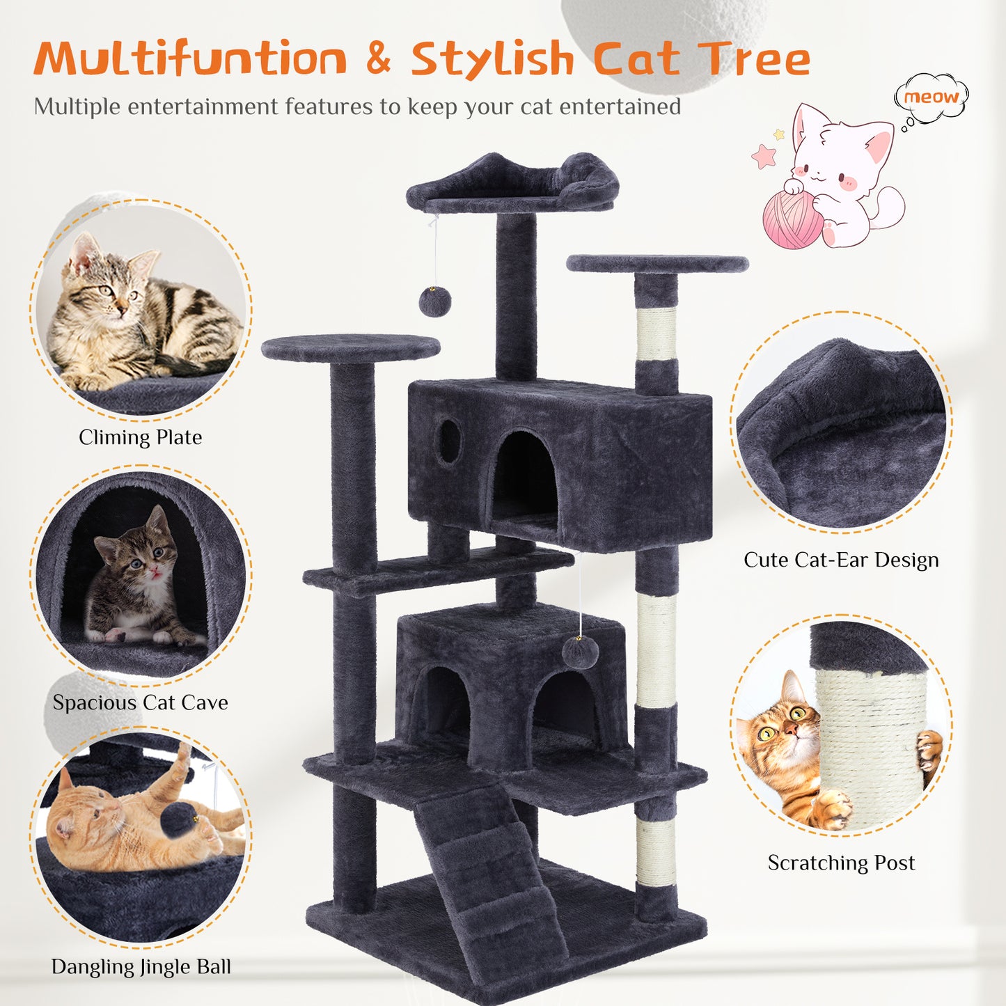Multi-Functional Cat Treehouse Cat Climbing Frame with Scratching Posts Perches Hammock Toy Balls Sisal Rope Cat Activity Center for Indoor Cats Kittens Multi-Level Cat Furniture Scratch Resistant Pet Supplies