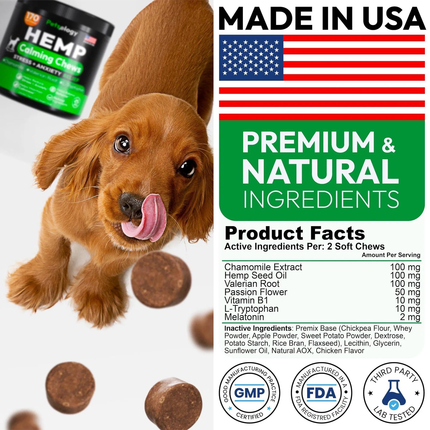 Natural Hemp Calming Chews for Dogs - Anxiety Relief 170-Count Soft Treats for Thunder, Fireworks & Separation Melatonin & Hemp Oil Formula - USA-Made, Vet-Formulated