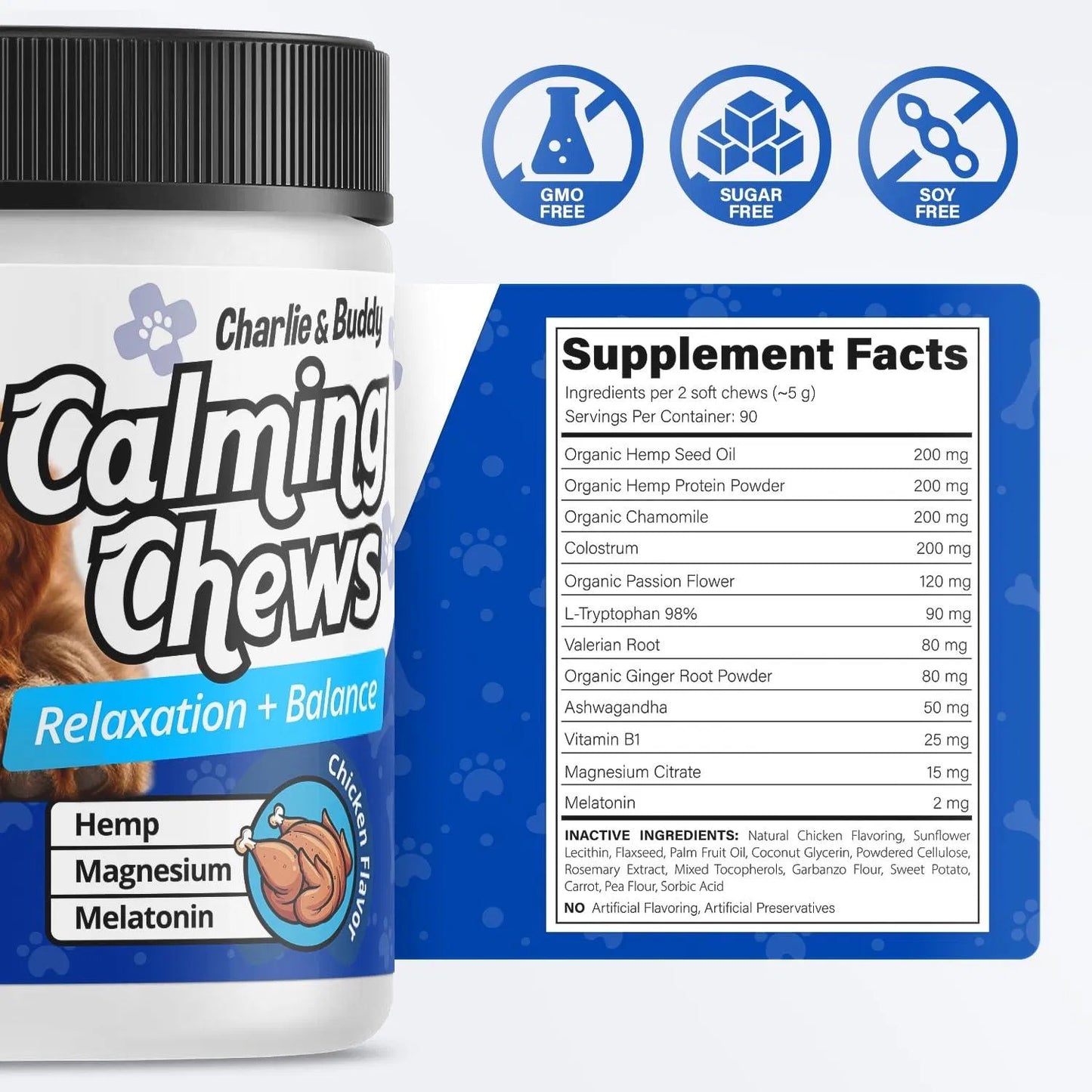 Natural Calming Chews for Dogs - Anxiety Relief with Melatonin, Chamomile & Magnesium Citrate Promote Relaxation - 90 Chicken Flavor Soft Chews