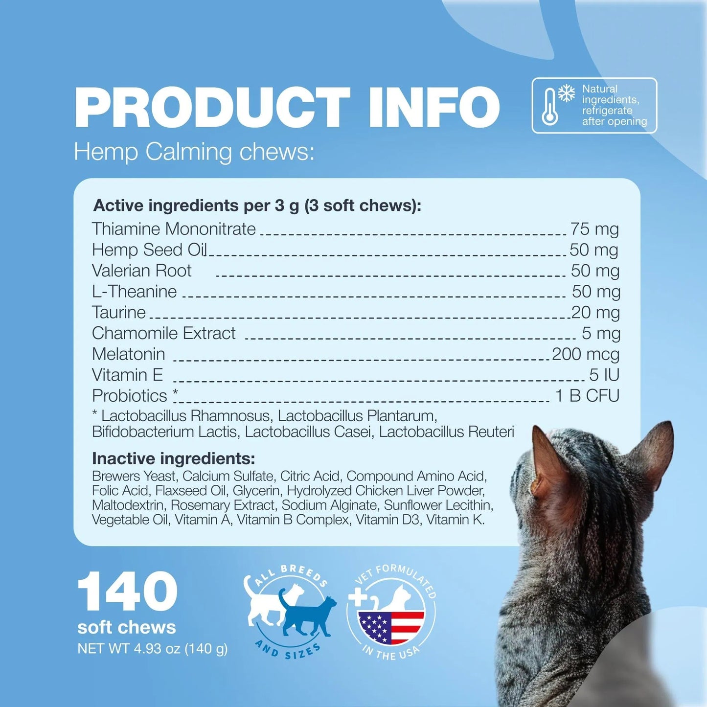 Natural Hemp & Melatonin Calming Treats for Cats with Hemp Seed Oil & Probiotics - Anxiety Relief Storms, Travel, Grooming & Separation - Soft Chews Feline Calming Aid for Stress & Daily Anxiety
